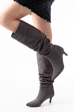  Gri Süet İnce Topuklu Günlük Kadın Çizme