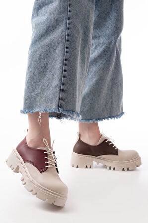  Bej Garni Bağcıklı Günlük Yüksek Tabanlı Loafer Ayakkabı