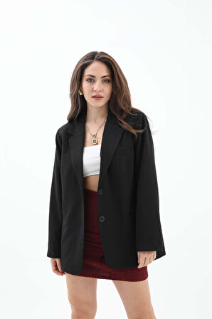 Kadın Kruvaze Yaka Oversize Blazer Ceket - Siyah