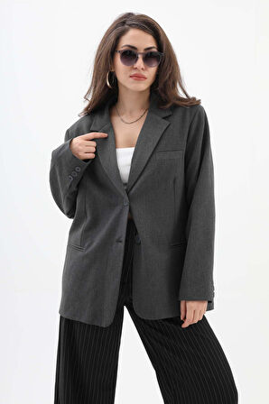 Kadın Kruvaze Yaka Oversize Blazer Ceket - Antrasit