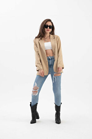 Kadın Kruvaze Yaka Oversize Blazer Ceket - Vizon