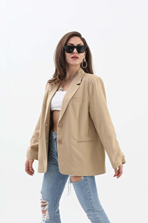 Kadın Kruvaze Yaka Oversize Blazer Ceket - Vizon