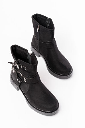Siyah Süet Toka Aksesuarlı Fermuarlı Günlük Kadın Bot