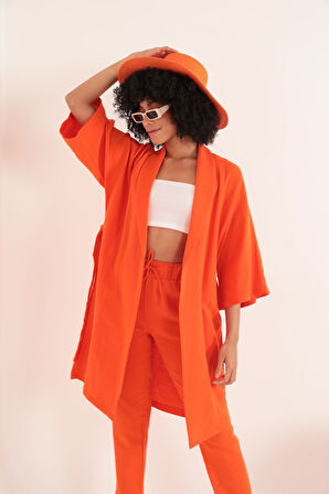 Müslin Kumaş Oversize Kadın Kimono-Oranj