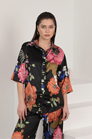 Saten Kumaş Büyük Çiçek Desen Kadın Gömlek-Siyah