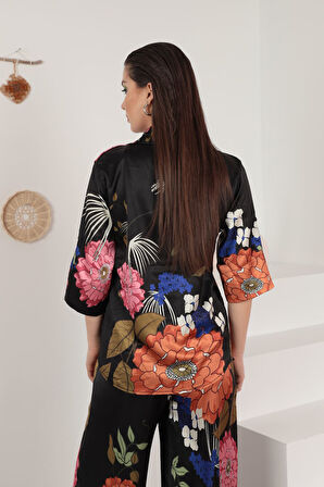 Saten Kumaş Büyük Çiçek Desen Kadın Gömlek-Siyah