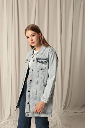 Denim Kumaş Cep Detay Yıkamalı Kadın Açık Mavi Kot Ceket