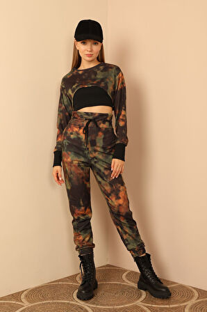 2 İplik Örme Kumaş Uzun Boy Batik Desen Kadın Takım 3Lü-Yeşil