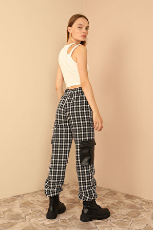 Tüvit Kumaş Uzun Boy Çizgili Kargo Kadın Pantolon-Siyah