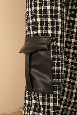 Tüvit Kumaş Uzun Boy Çizgili Kargo Kadın Pantolon-Siyah