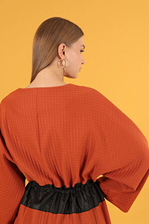Petek Kumaş Garnili Oversize Kadın Sweat-Tarçın