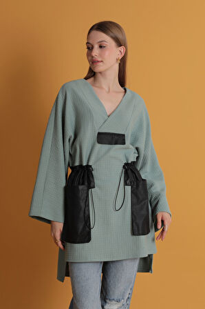 Petek Kumaş Garnili Oversize Kadın Sweat-Mint