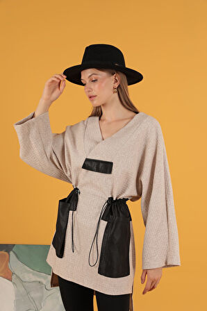 Petek Kumaş Garnili Oversize Kadın Sweat-Taş