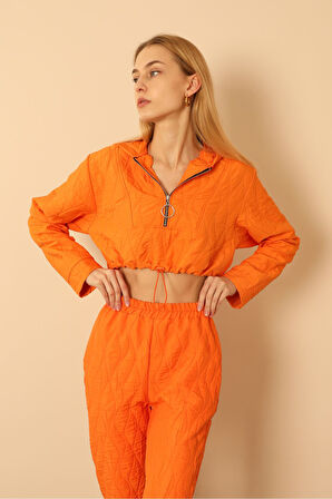 Jakar Kumaş Kapüşonlu Soğan Desen Kadın Crop Sweat-Oranj