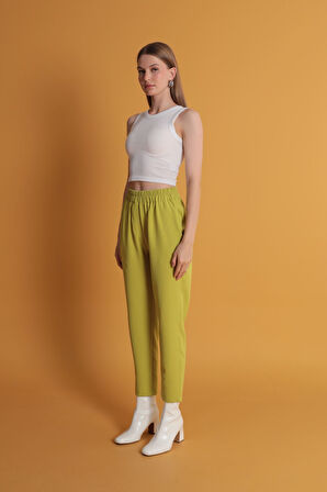 Atlas Kumaş Beli Lastikli Kadın Pantolon-YAĞ YEŞİLİ