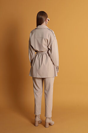 Atlas Kumaş Beli Lastikli Kadın Pantolon-Bej