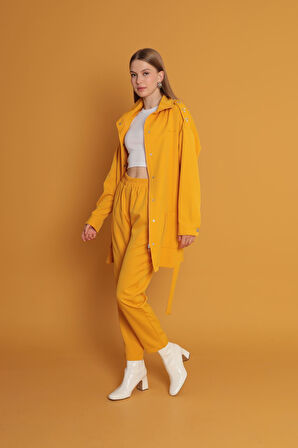 Atlas Kumaş Beli Lastikli Kadın Pantolon-Hardal