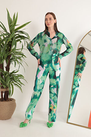 Saten Kumaş Sulu Boya Efektli Çiçek Desen Kadın Pantolon-Yeşil