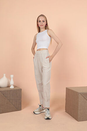 Keten Çizgili Beli Lastikli Pantolon-Fuşya