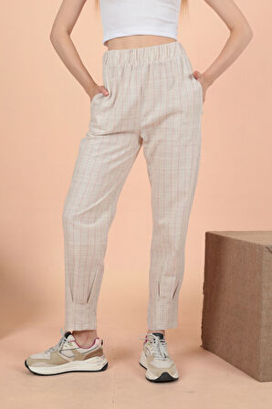 Keten Çizgili Beli Lastikli Pantolon-Fuşya