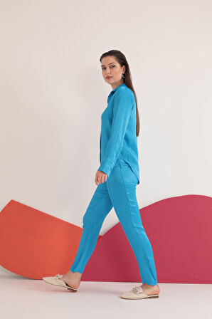 Saten Kumaş Beli Lastikli Kadın Pantolon-Mavi