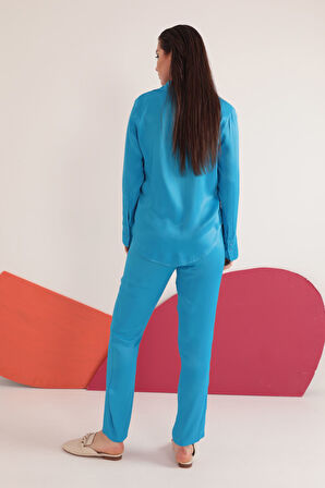 Saten Kumaş Beli Lastikli Kadın Pantolon-Mavi