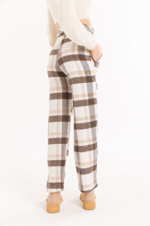 Ekose Kumaş Rahat Kalıp Kadın Pantolon-Bej