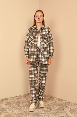 Ekose Kumaş Rahat Kalıp Kadın Pantolon-Mavi