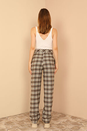 Ekose Kumaş Rahat Kalıp Kadın Pantolon-Mavi