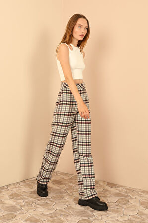 Ekose Kumaş Rahat Kalıp Kadın Pantolon-Ekru