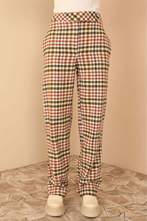 Ekose Kumaş Rahat Kalıp Kadın Pantolon-Haki