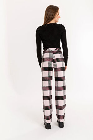 Ekose Kumaş Rahat Kalıp Kadın Pantolon-Gül Kurusu