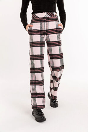 Ekose Kumaş Rahat Kalıp Kadın Pantolon-Gül Kurusu