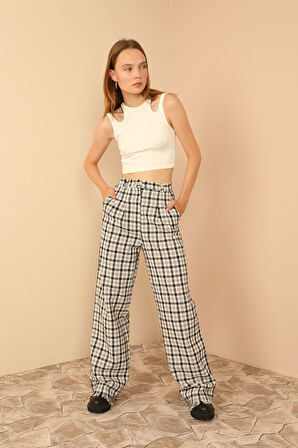 Ekose Kumaş Uzun Boy Oversize/Salaş Saçaklı Kadın Pantolon-Ekru