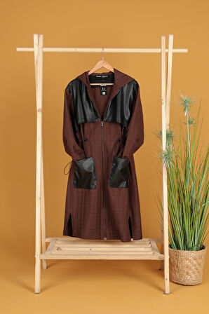 Deri Kumaş Garni Detay Jakar Kadın Trençkot-Kahve