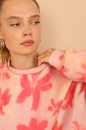 3 İplik Kumaş Uzun Kol O Yaka Tam Kalıp Çiçek Desen Kadın Takım-Pudra