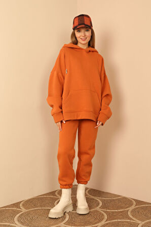 3 İplik Kumaş Uzun Boy Rahat Kalıp Paçası Lastikli Kadın Pantolon-Tarçın