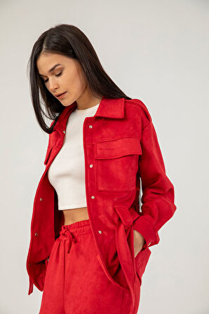 Süet Kumaş Dar Kalıp Paçası Pileli Kadın Pantolon-Kırmızı