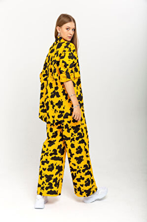 Gabardin Kumaş Bol Dana Desenli Kadın Sarı Pantolon