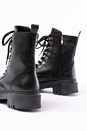 Siyah Cilt Bağcıklı Fermuarlı Günlük Kadın Bot