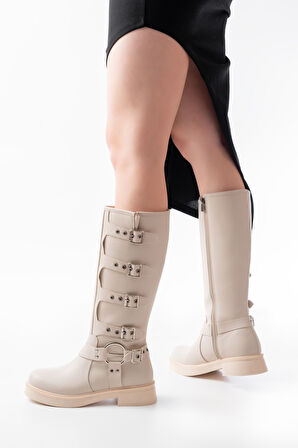 Bej Düz Topuklu Günlük Kadın Binici Çizme