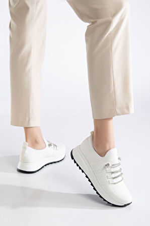 Paris Beyaz Triko Bağcıklı Taşlı Rahat Kalıp Sneaker