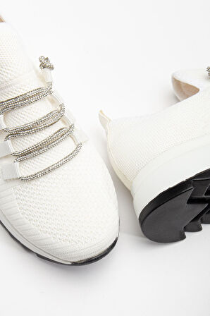 Paris Beyaz Triko Bağcıklı Taşlı Rahat Kalıp Sneaker