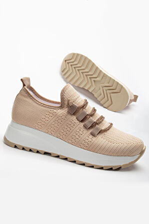 Paris Bej Triko Bağcıklı Taşlı Rahat Kalıp Sneaker