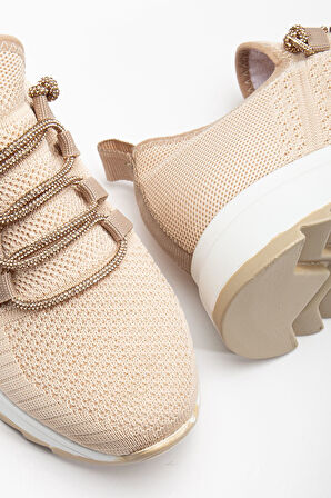 Paris Bej Triko Bağcıklı Taşlı Rahat Kalıp Sneaker
