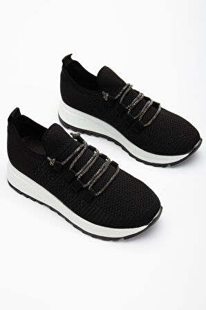 Paris Siyah Triko Bağcıklı Taşlı Rahat Kalıp Sneaker