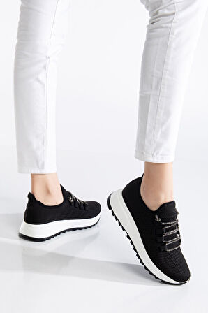 Paris Siyah Triko Bağcıklı Taşlı Rahat Kalıp Sneaker