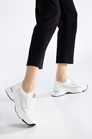 Edwin Beyaz Triko Bağcıklı Yüksek Topuk Rahat Kalıp Sneaker