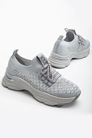 Edwin Gri Triko Bağcıklı Yüksek Topuk Rahat Kalıp Sneaker