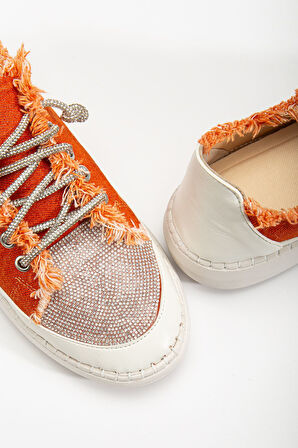 Neva Taşlı Düz Taban Kadın Turuncu Kot Sneakers